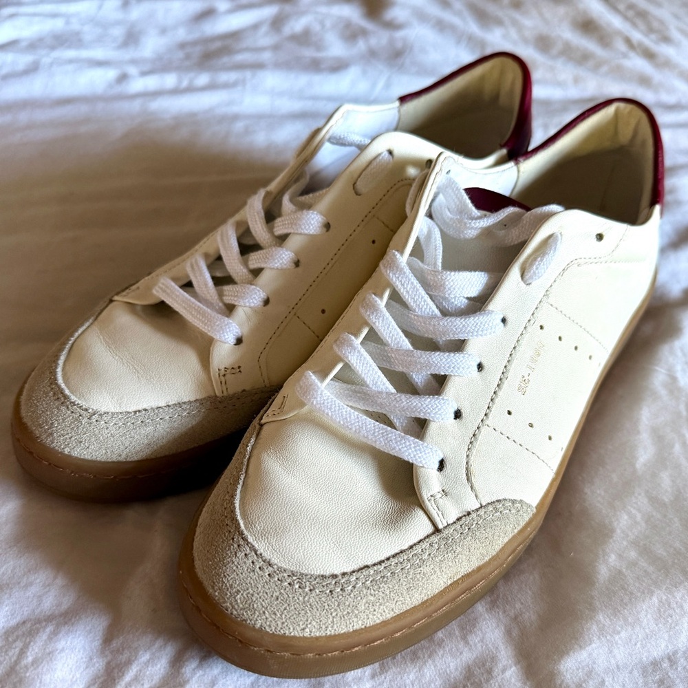 Sam Edelman Josi white leather sneakers cherry red heel size 7.5 - Picture 2 of 7